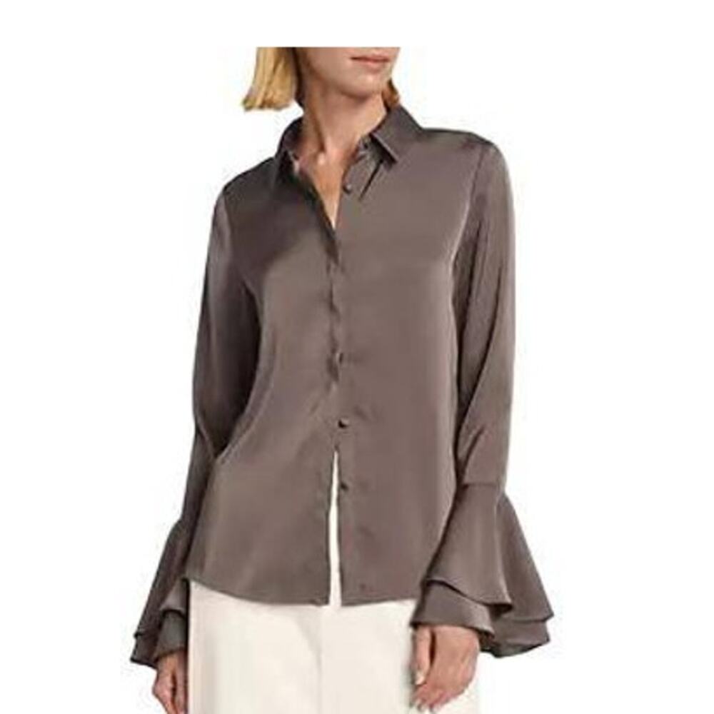 Derek Lam 10 Crosby Selma Button Up Bell Sleeve Blouse in Dark Truffle Brown S